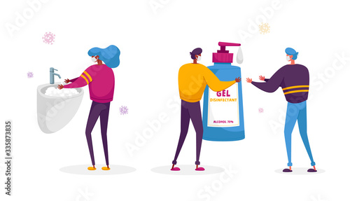 Coronavirus Infection Prevention. Disinfect. Stay Home when Sick. Male and Female Characters Wear Masks, Washing Hands with Disinfectant Gel and Antibacterial Soap. Cartoon People Vector Illustration