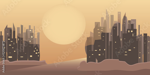 Scorched by the sun, a scorched city. Skyscrapers in a lifeless desert. Vector image
