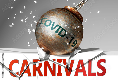 Carnivals and coronavirus, symbolized by the virus destroying word Carnivals to picture that covid-19 affects Carnivals and leads to a crash and crisis, 3d illustration