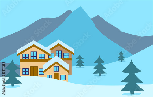Winter snow mountain ski resort with snow hotel. Panoramic background. Cableway car. Aerial lift, Alps, fir trees and mountains. Flat style vector illustration.