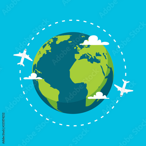 Airplane vector earth world globe icon. Plane flying round travel concept
