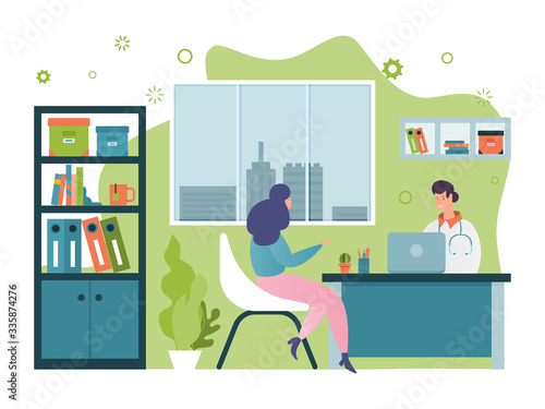 Patient visit doctor vector illustration. Cartoon happy woman character visiting man physician in hospital cabinet, healthcare medicine office, medical examining consultation for people concept