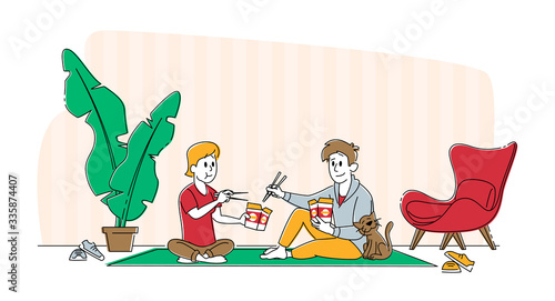 Characters Young Loving Couple Spend Time at Home Sitting on Floor Chatting, Eating Chinese Food with Cat Sitting nearby on Weekend Evening. Love Flirting Sparetime. Linear People Vector Illustration