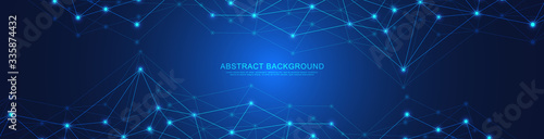 Website header or banner design with abstract geometric background and connecting dots and lines. Global network connection. Digital technology with plexus background and space for your text.