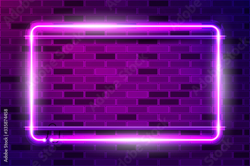 Horizontal rectangular frame glowing purple neon sign or LED strip light. Realistic vector illustration