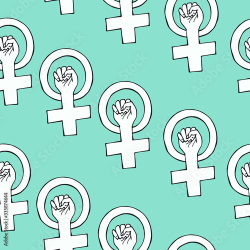 vector seamless pattern with a hand-drawn symbol of feminism, venus mirror and fist sign. can be used as Wallpaper, background, print, textile design, notebooks, phone cases, packaging paper.