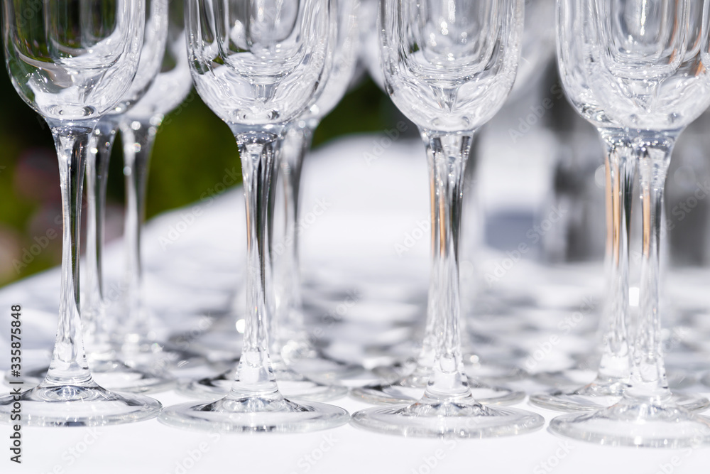 Set of blank empty wine glasses displayed in rows. Preparation for the holiday. Set of blank empty wine glasses displayed in rows. Preparation for the holiday.