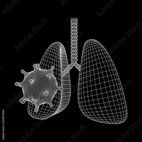 Corona Virus and Lungs with trachea bronchi internal organ human. Covid virus pulmonology medicine science concept. Wireframe low poly mesh vector illustration.