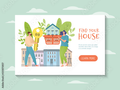 Buy house vector illustration. Flat cartoon couple people buying new home, man woman character holding in hands key and basket with apartments, estate agency business advertising concept