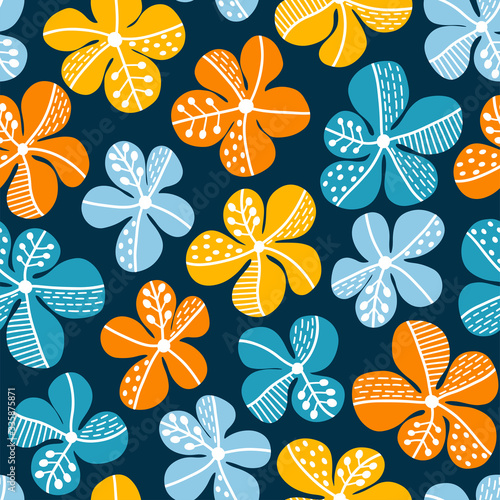 Seamless vector pattern. Blue and yellow stylized flowers on dark background