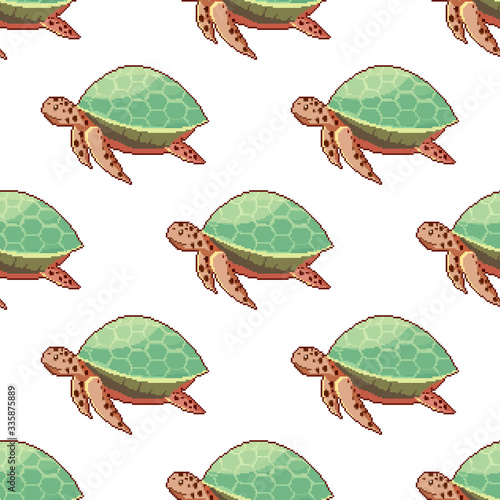 Seamless pattern with sea pixel turtles. Pixel art 8 bit. 