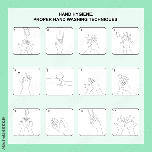Infographic hand washing hygiene in vector. Hand hygiene. Proper hand washing techniques.
Instructions, stand for personal hygiene hand washing step by step, for the prevention of diseases and a healt