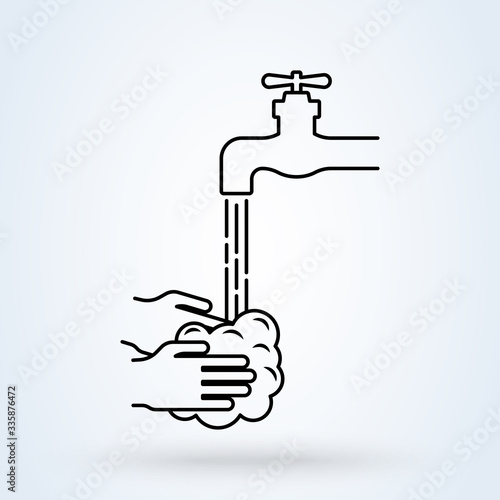 Hands under falling water out of tap. Disinfection, skin care. Antibacterial washing icon. illustration