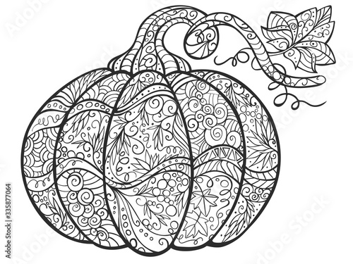 Zentangle stylized cartoon pumpkin isolated on white background. Perfect for adult antistress coloring page, T shirt print, logo or tattoo with doodle, invitation, greeting card.
