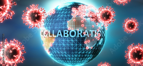Collaboration and covid virus, symbolized by viruses and word Collaboration to symbolize that corona virus have gobal negative impact on  Collaboration or can cause it, 3d illustration