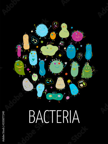 Funny and scary bacteria characters. Circle frame background for your design. Vector icons of gut and intestinal flora, germs, virus.