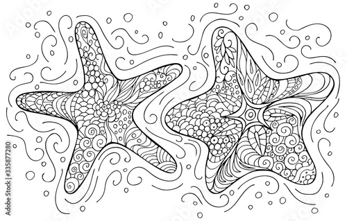 Hand drawn starfish sea animal coloring book for adults. Vector illustration. Anti-stress coloring for adult. Zentangle style. Perfect for invitation, greeting card, postcard, poster, print, banner.
