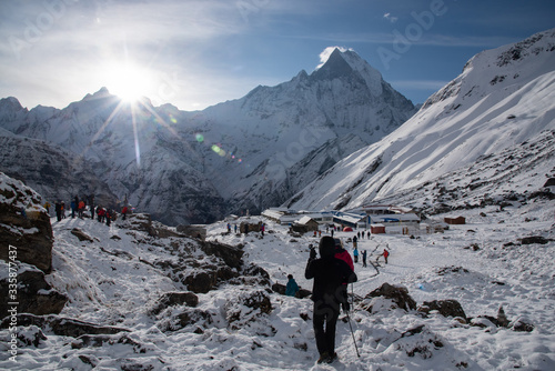Beautiful natural landscape landmark of Machapuchare mountain peak  Annapura sanctuary trekking route - photo taken from Annapura basecamp (ABC) in April