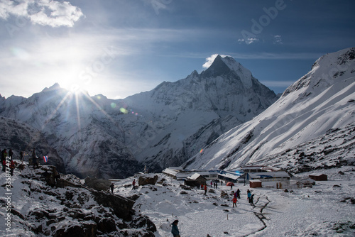 Beautiful natural landscape landmark of Machapuchare mountain peak  Annapura sanctuary trekking route - photo taken from Annapura basecamp (ABC) in April