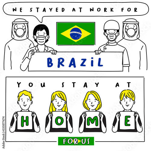 Covid-19 quotes from hospital workers with national flag : I stayed at work for you, You stay at home for us. : Vector Illustration