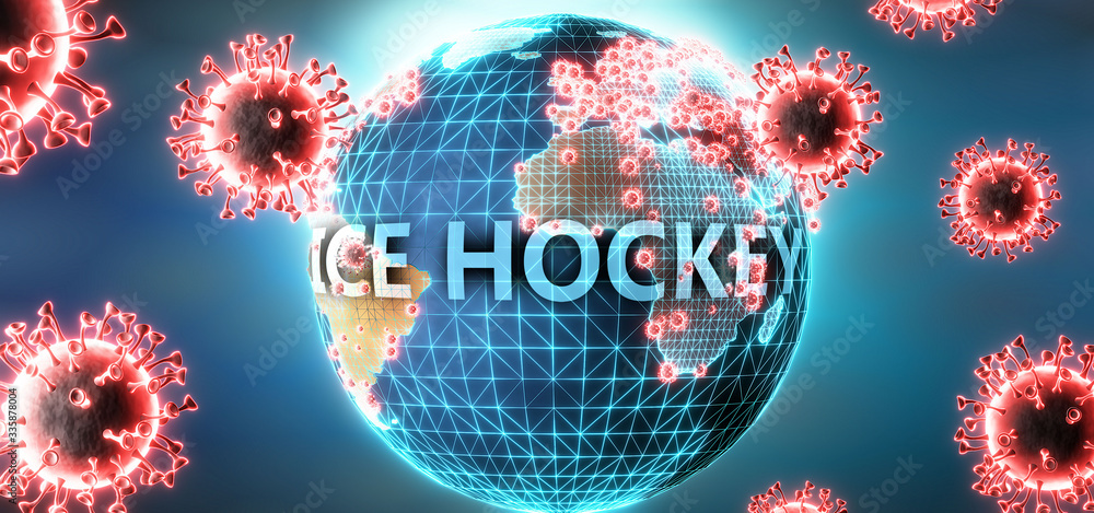 Ice hockey and covid virus, symbolized by viruses and word Ice hockey to symbolize that corona virus have gobal negative impact on  Ice hockey or can cause it, 3d illustration