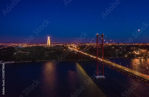 24 April bridge in Lisbon in Portugal, aerial drone view