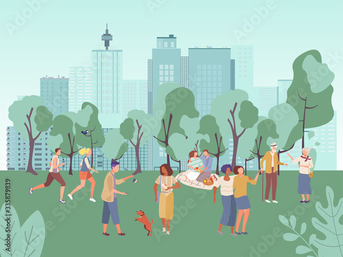 People in city park vector illustration. Cartoon flat woman man characters have fun on couple picnic, walk together or run in healthy sport activity, play with dog in summer urban green landscape