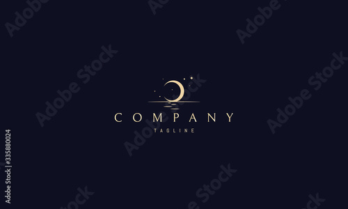 Vector golden logo on which the abstract image of the moon is hatching which glistens on the water.