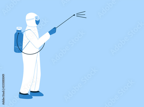 Vector isolated illustration in flat style. Coronavirus quarantine. Poster, brochure template with empty place for text. Man in hazmat suit cleaning, disinfecting. Decontamination in public places