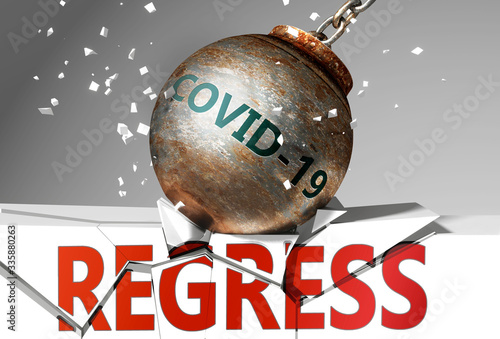 Regress and coronavirus, symbolized by the virus destroying word Regress to picture that covid-19 affects Regress and leads to a crash and crisis, 3d illustration