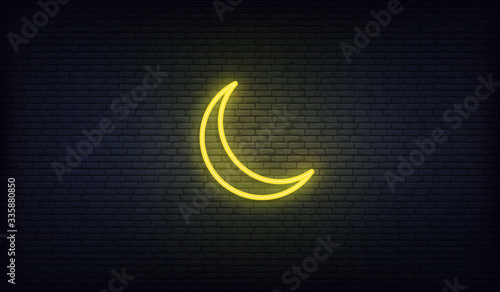 Crescent moon neon. Ramadan glowing yellow gold moon Islamic sign