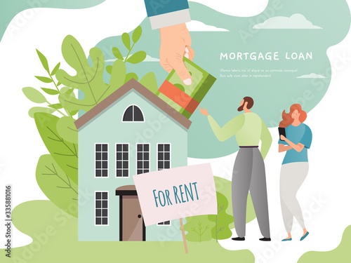 Real estate vector illustration. Flat cartoon couple people rent house, apartment property, man woman characters invest in new home, mortgage or loan. Estate agency business advertising concept poster