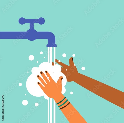 Person washing hands with their kid in sink carefully with lot of soap foam.