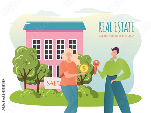 Sale property vector illustration. Flat cartoon agent broker character sell house, people buy, rent new home, holding in hands apartment key and money. Real estate agency business advertising concept