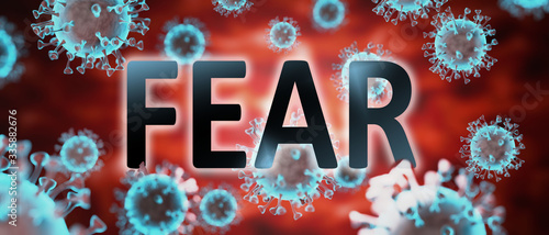 Fotografering covid and fear, pictured by word fear and viruses to symbolize that fear is rela