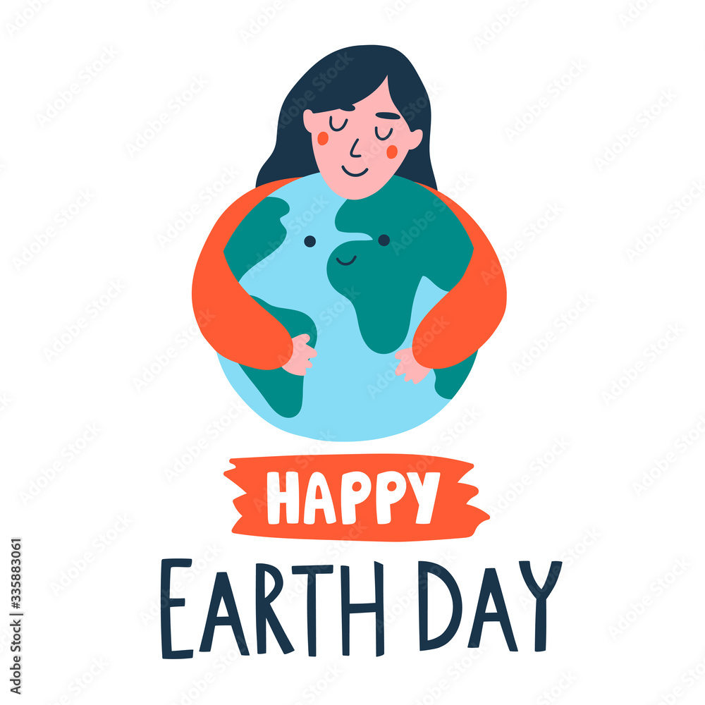 Vector illustration with 22 april Earth day poster concept. Cute kawaii planet Earth with young girl hugs. Design banner for print materials with text lettering. Ecology concept Vector illustration with 22 april Earth day poster concept. Cute kawaii planet Earth with young girl hugs. Design banner for print materials with text lettering. Ecology concept