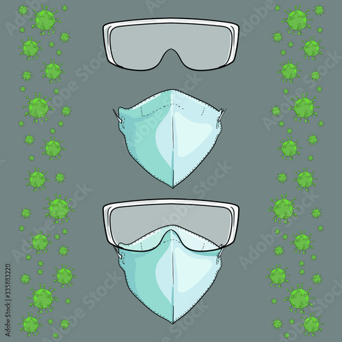 Medical mask and glasses. Virus. Protective measures against the virus. Coronavirus. China pathogen respiratory infection (asian flu outbreak). influenza pandemic.