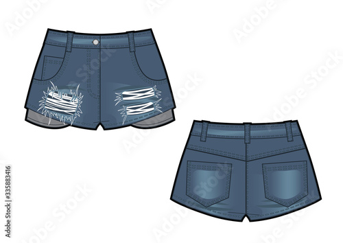 Vector illustration of jean shorts. Clothes in denim style. Front and back views