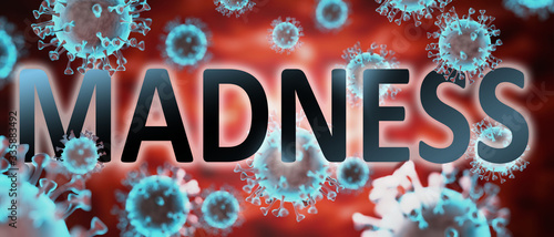 Photos covid and madness, pictured by word madness and viruses to symbolize that madnes