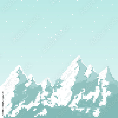 Vector pixel mountains for game background. Pixel art 8 bit. 