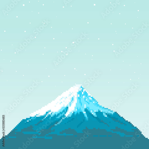 Pixel Fuji mountain at sunset. Japan. Pixel art 8 bit.