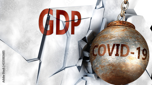 Covid and gdp,  symbolized by the coronavirus virus destroying word gdp to picture that the virus affects gdp and leads to recession and crisis, 3d illustration photo