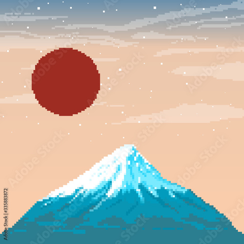 Pixel Fuji mountain at sunset and the red sun. Japan. Pixel art 8 bit.