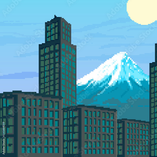 Pixel city with mountain and sunset. Pixel art 8 bit for game