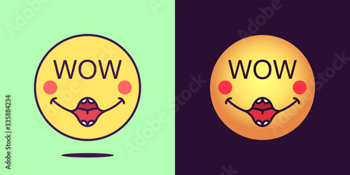 Emoji face icon with phrase Wow. Enthusiastic emoticon with text Wow. Set of cartoon faces, emotion icon