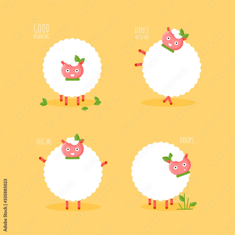 Cute flat sheep character smiling for sticker card. Cartoon vector funny animal. Baby ewe icon on yellow background. Illustration concept poster Cute flat sheep character smiling for sticker card. Cartoon vector funny animal. Baby ewe icon on yellow background. Illustration concept poster