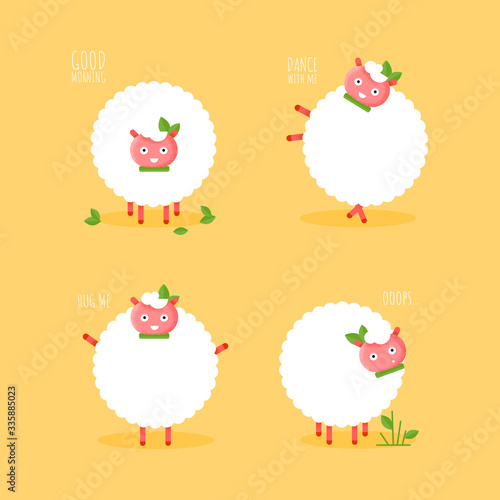 Cute flat sheep character smiling for sticker card. Cartoon vector funny animal. Baby ewe icon on yellow background. Illustration concept poster