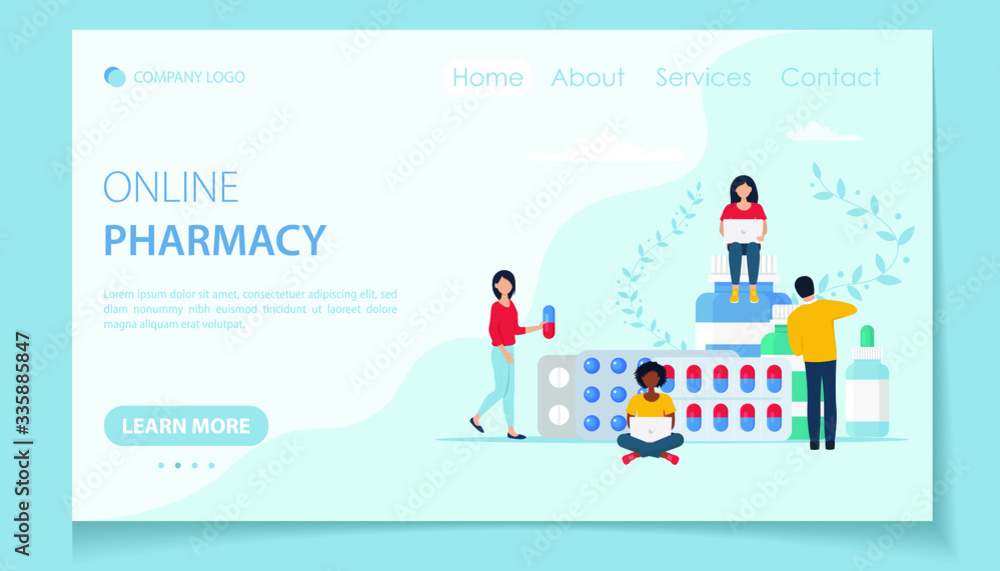 Online pharmacy site design concept. Flat vector illustration with small characters for web site design, banner, landing page. Buy medicaments and drugs online. E-commerse site design