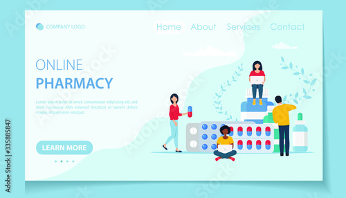 Online pharmacy site design concept. Flat vector illustration with small characters for web site design, banner, landing page. Buy medicaments and drugs online. E-commerse site design