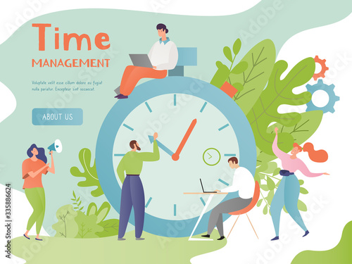Time management concept vector illustration. Cartoon flat tiny people control work time avoiding deadline, busy man woman characters with big alarm clock. Business planning and task optimization